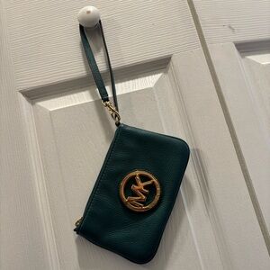 Michael Kors Dark Green Wristlet with Gold Logo